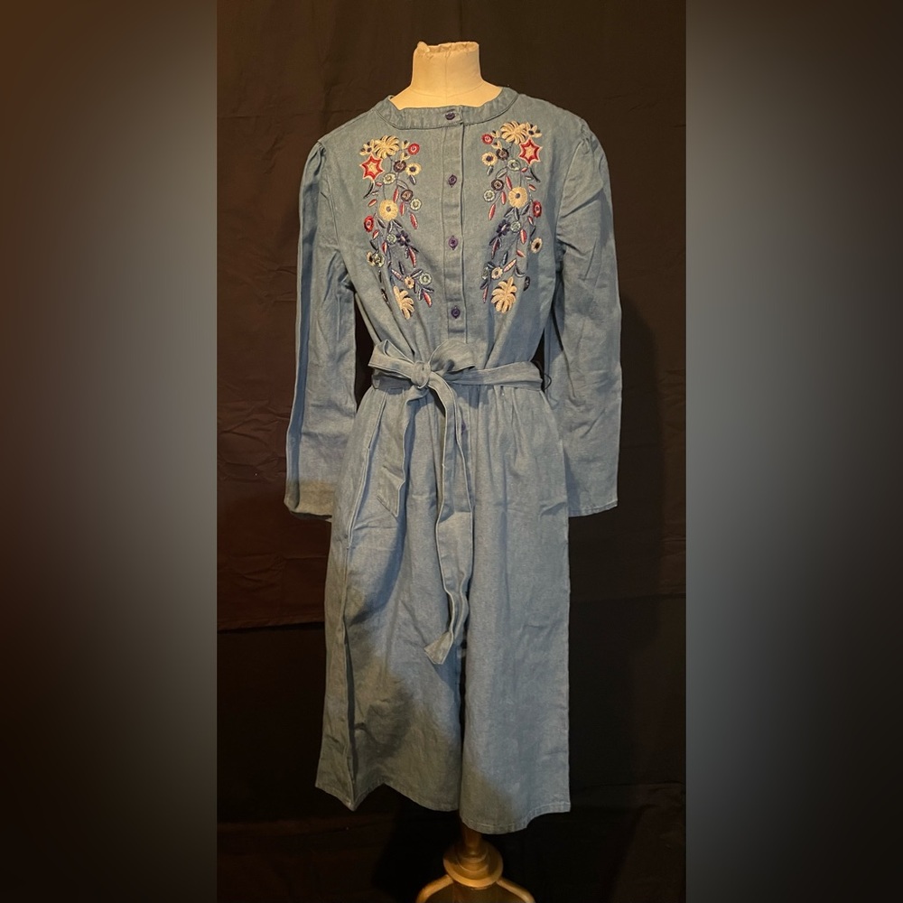 Denim Moves Medium Blue Cotton Denim Long Sleeve Midi Dress New